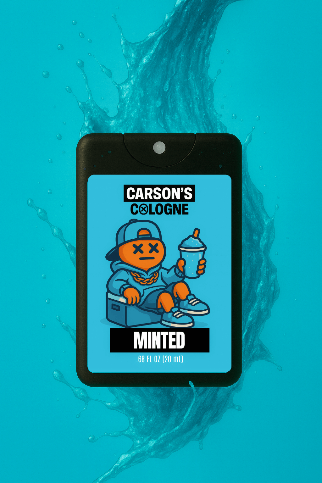 Carson's Cologne minted spray bottle on a blue background with water splashes