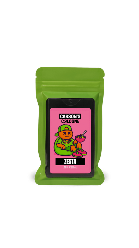 Carson's Cologne zesta scent bottle card in packaging