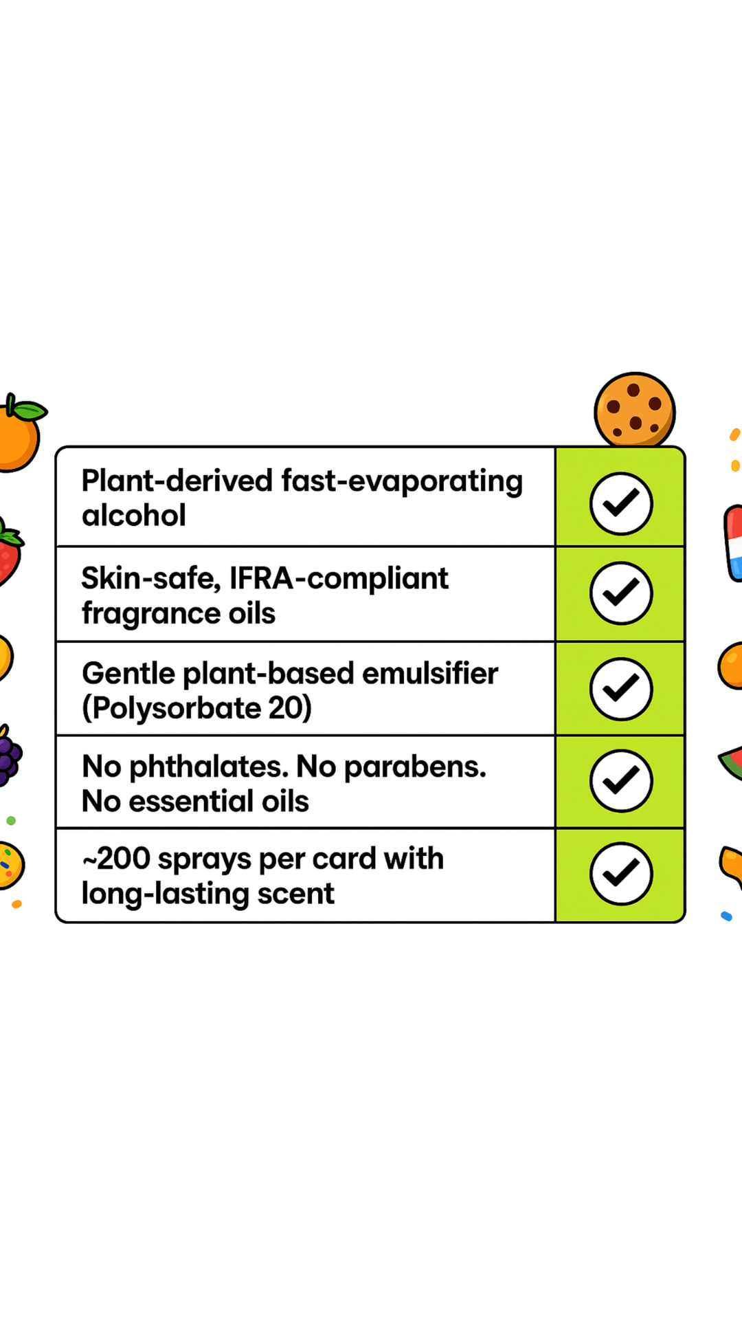 Safety Product card with green checkmarks and text on a white background