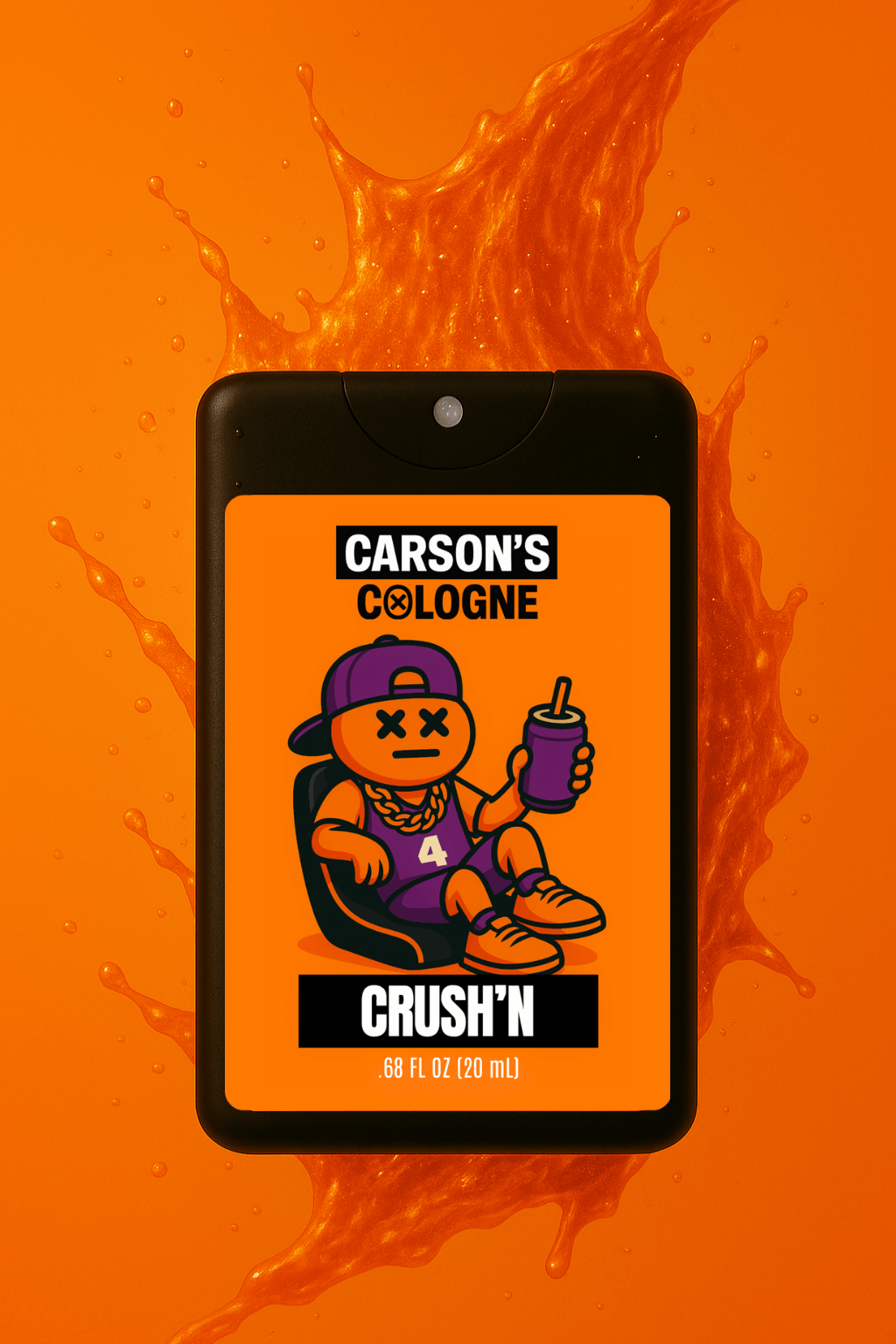 Carson's Cologne Crush'n packaging on an orange background with a splash effect