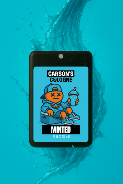 Carson's Cologne minted spray bottle on a blue background with water splashes