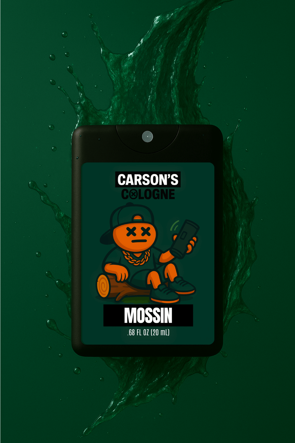 Carson's Cologne bottle labeled 'MOSSIN' on a green background