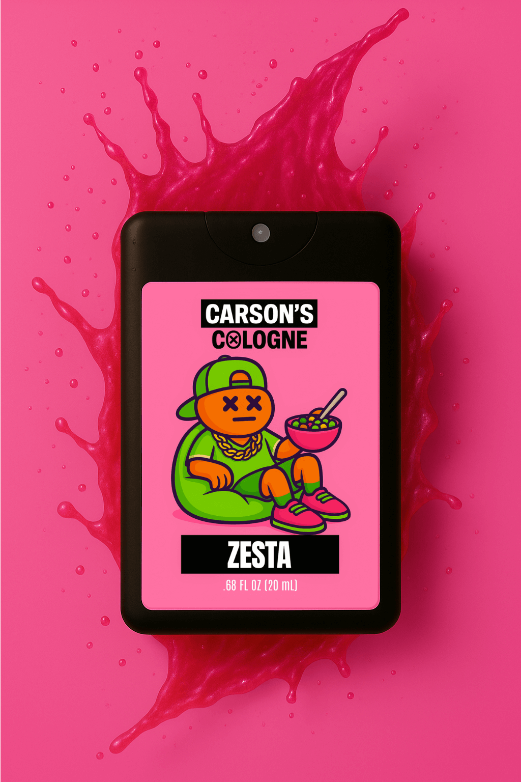 Carson's Cologne Zesta spray bottle on a pink background with splashes