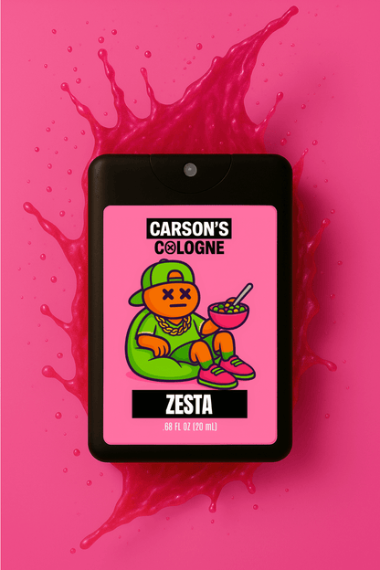 Carson's Cologne Zesta spray bottle on a pink background with splashes