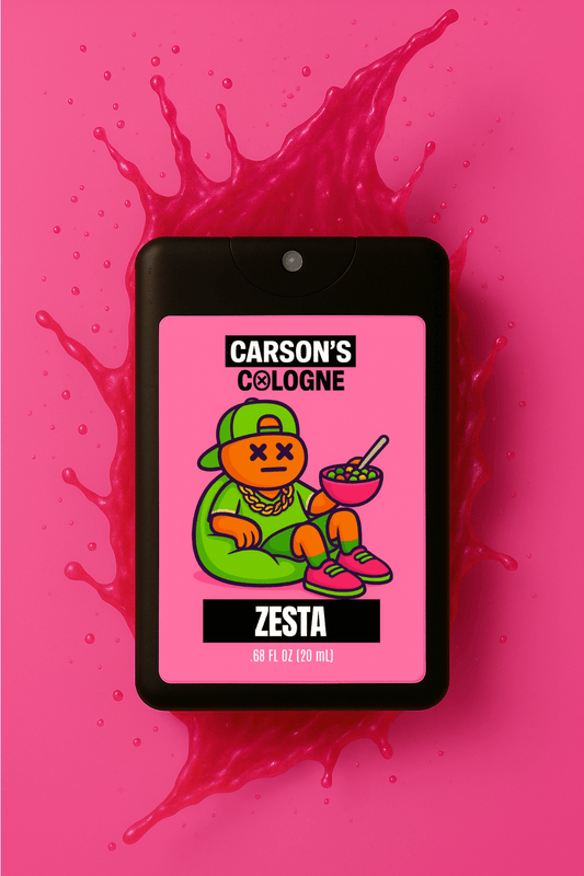 Carson's Cologne Zesta spray bottle on a pink background with splashes