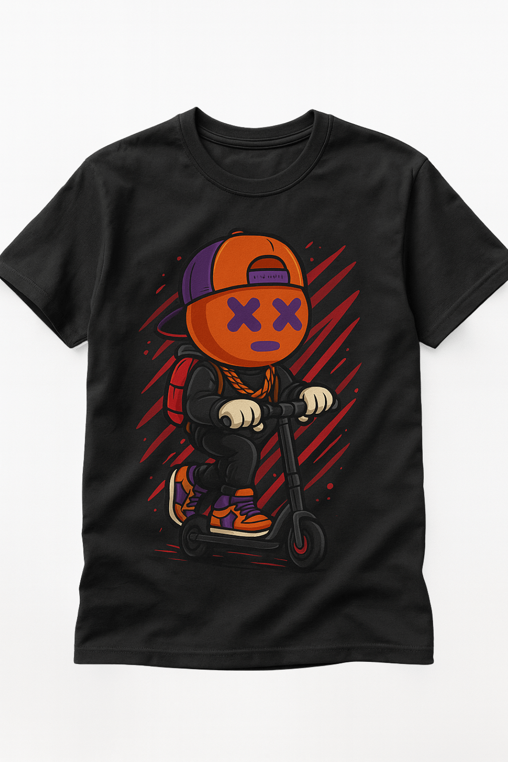 Black t-shirt with a colorful graphic of a character on a scooter on a white background Carson's Cologne character CC