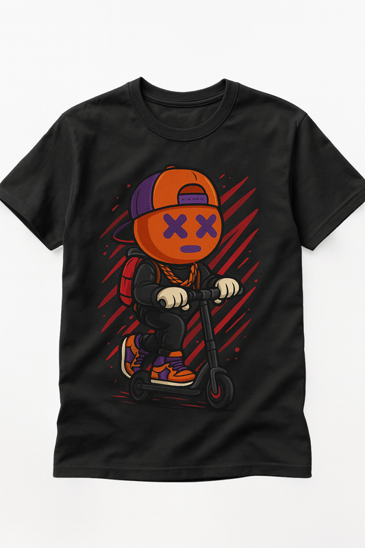 Black t-shirt with a colorful graphic of a character on a scooter on a white background Carson's Cologne character CC