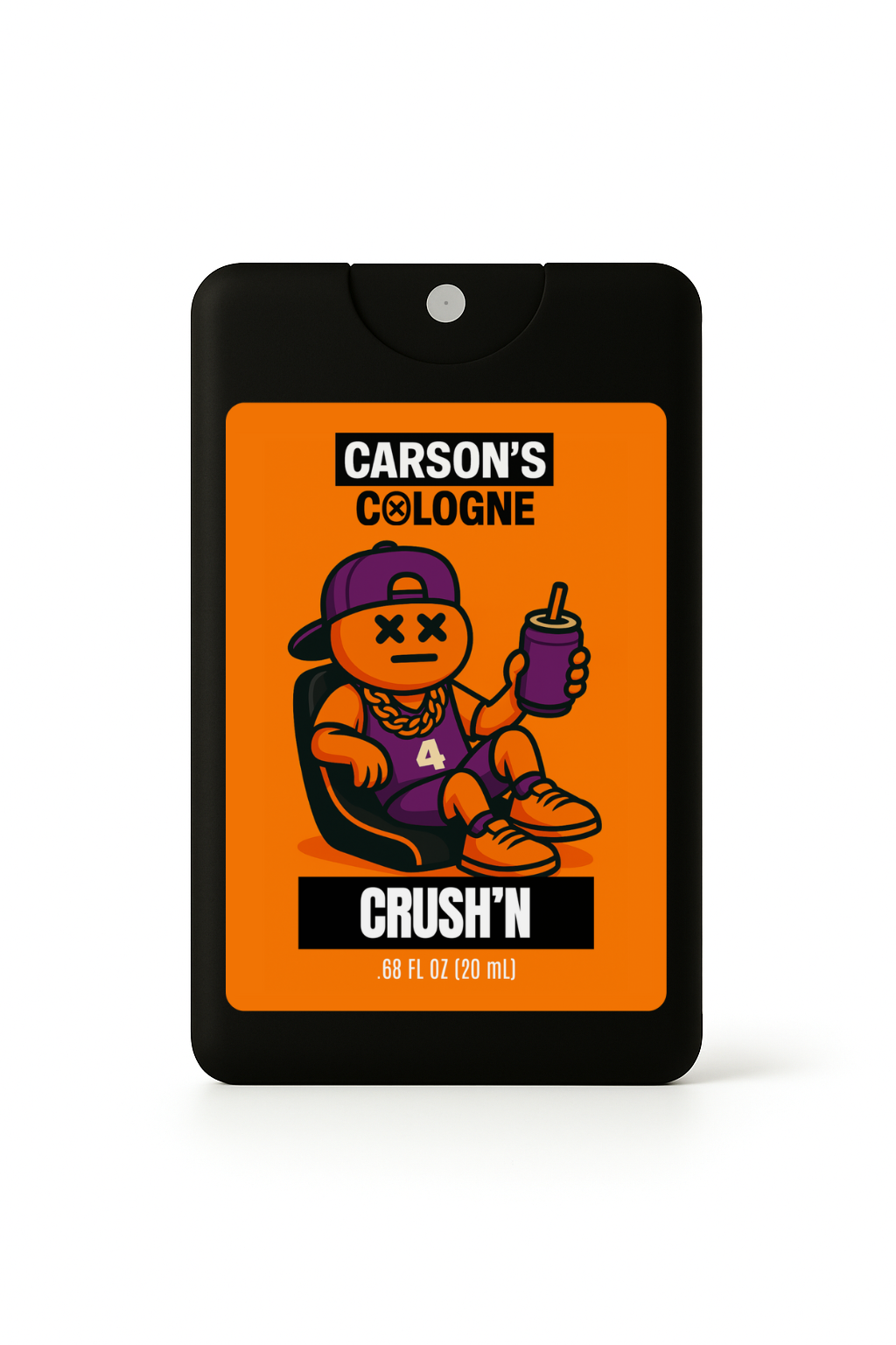 Carson's Cologne Crush'n packaging with cartoon character on orange background
