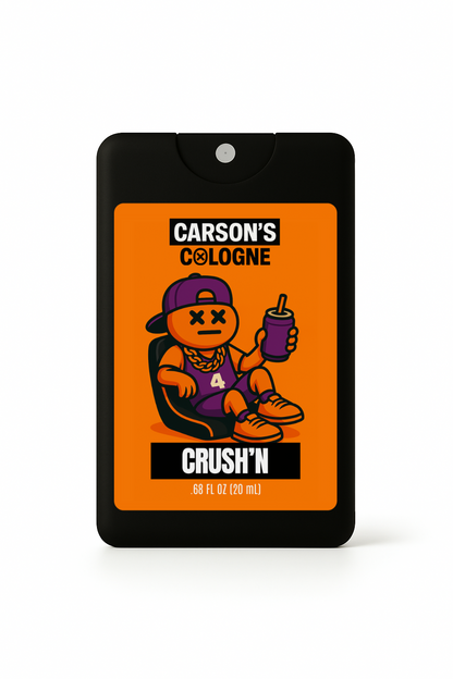 Carson's Cologne Crush'n packaging with cartoon character on orange background