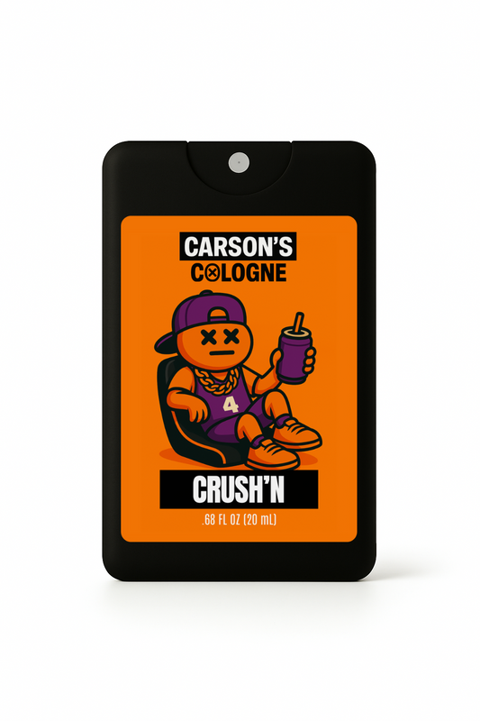 Carson's Cologne Crush'n packaging with cartoon character on orange background