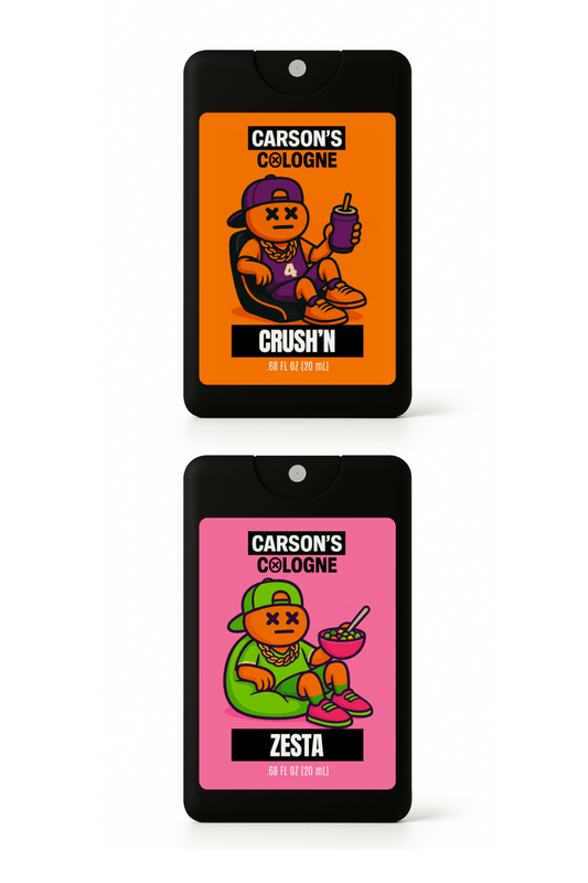 Two Carson's Cologne product tags, one orange with a character holding a bottle labeled 'Crush'n' and the other pink with a character eating a snack labeled 'Zesta'.