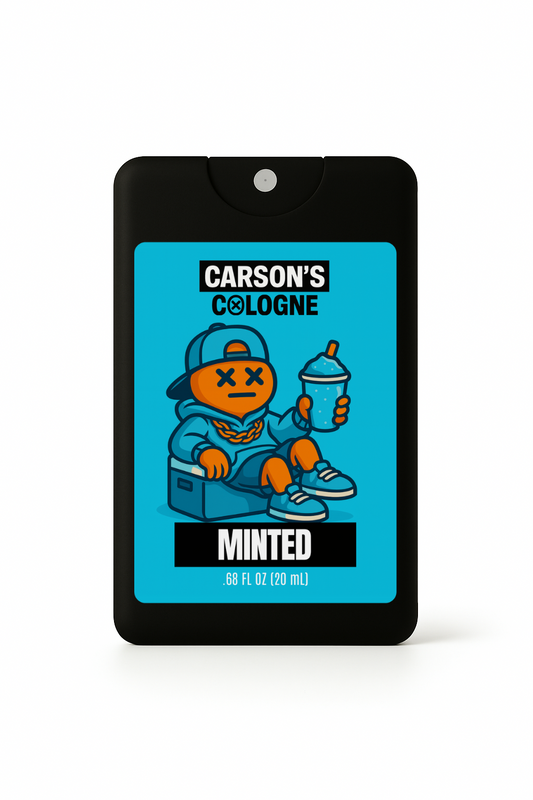 Carson's Cologne minted cologne packaging with cartoon character on a blue background