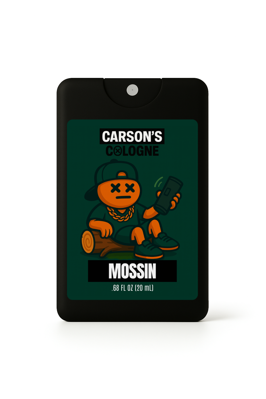 Carson's Cologne Mossin packaging with cartoon character on a white background