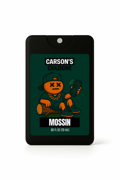 Carson's Cologne Mossin packaging with cartoon character on a white background