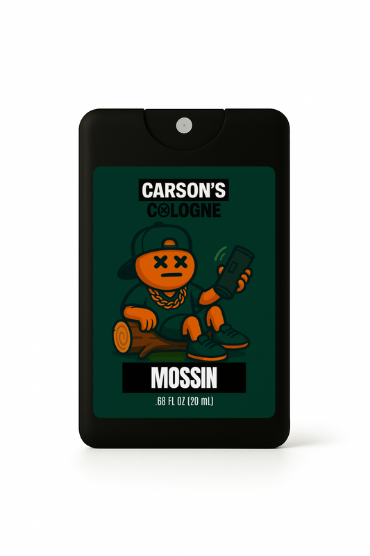 Carson's Cologne Mossin packaging with cartoon character on a white background