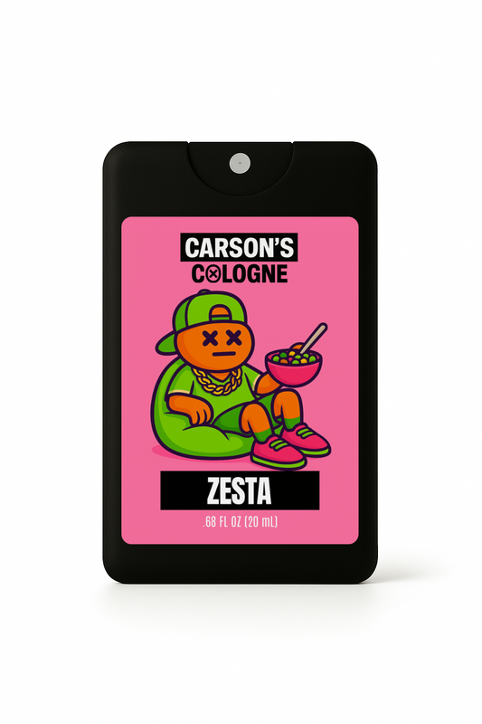 Carson's Cologne Zesta packaging with a cartoon character on a pink background