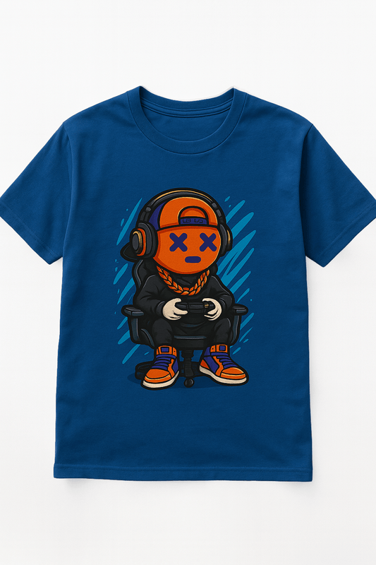 Blue t-shirt with a graphic of a character wearing headphones and playing a game on a white Carson's Cologne 