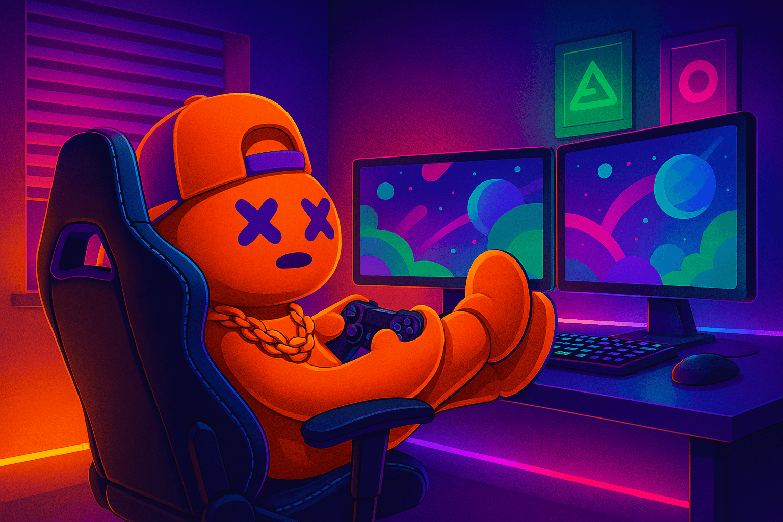 Orange character sitting in a gaming chair with two monitors in a neon-lit room