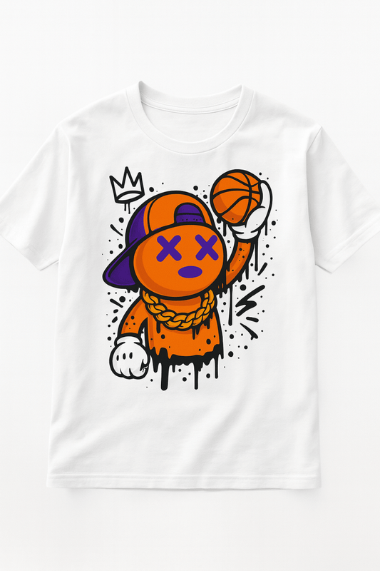 White t-shirt with a colorful graphic of a character holding a basketball on a white background carsons cologne tee 