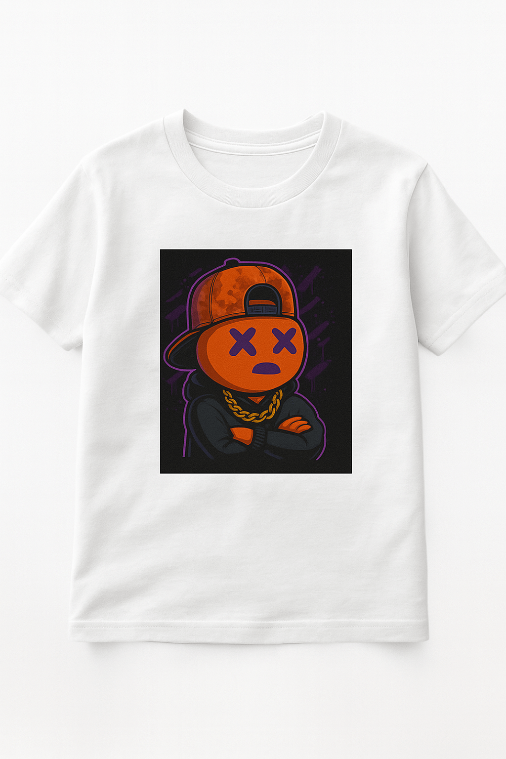 White t-shirt with a graphic design of a face wearing an orange cap on a white background Carson Cologne CC character