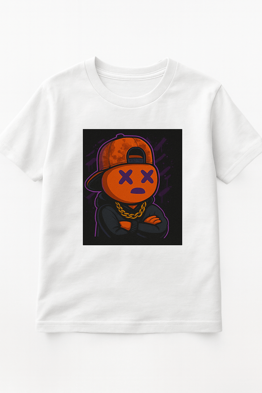 White t-shirt with a graphic design of a face wearing an orange cap on a white background Carson Cologne CC character
