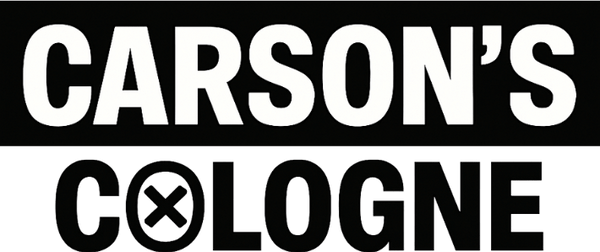 White 'CARSON'S COLOGNE' text on a black background logo